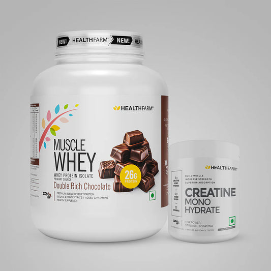 HealthFarm Muscle Whey Protein Isolate & Concentrate | Premium Blend of Whey Protein (2kg) + Creatine (100g)