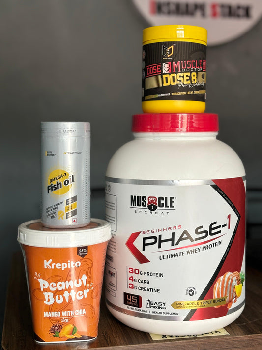 Muscle Secreat Beginners phase-1 ultimate whey protein (2kg) + Muscle Doctor Pre-Workout + Healthfarm Omega-3 Fish Oil+ Krepito Peanut Butter