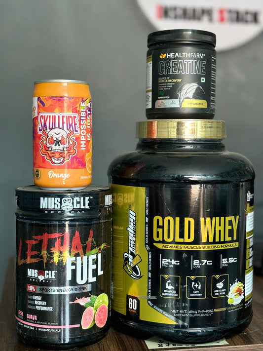 Arcadian nutrition gold whey protein (2kg)+ HF Creatine +Muscle Doctor Skullfire Pre-workout+ Muscle Secreat Lethal Energy drink