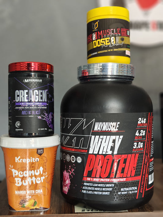 Waymuscle Whey Protein (2kg) + Muscle Doctor Dose8 Pre-workout + Bigmuscles Nutrition Creatine + Krepito Peanut Butter